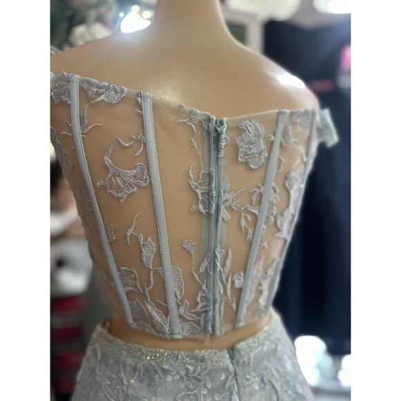 Ellie Wilde by Mon Cheri 2 pc Prom Dress Set Cropped Blue Lace Shimmer M - Picture 9 of 12